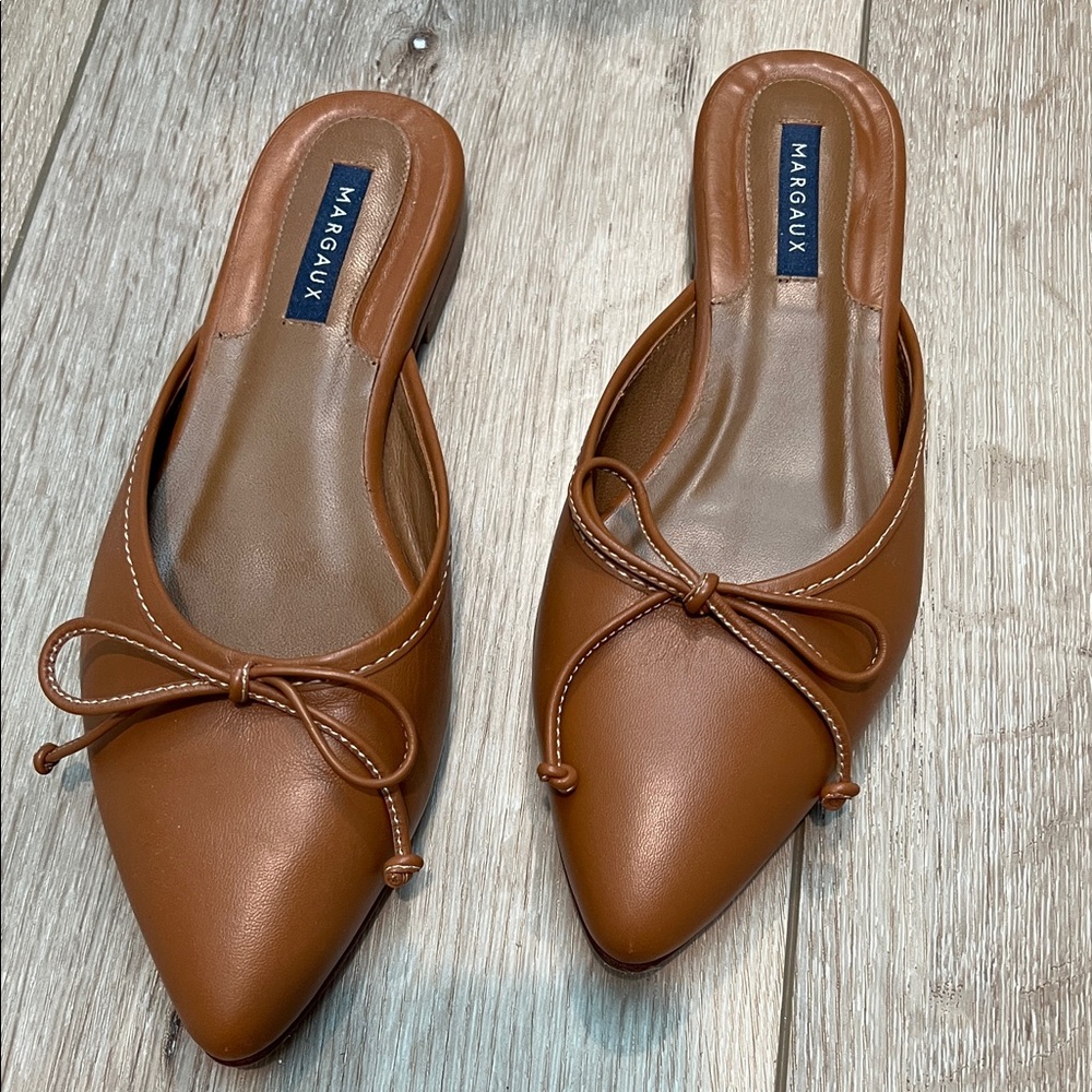 Margaux Cognac Pointed-Toe Bow Backless Mule